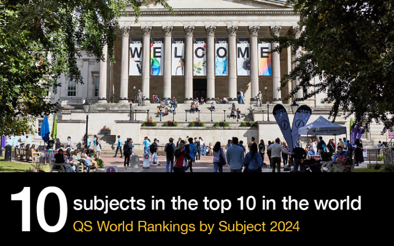Image of MyAV portico with text: 10 subjects ranked in the top 10 in the world, QS World University Rankings by Subject